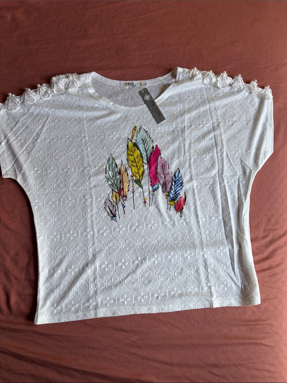 Size l/xl White Feather Print Lace-Trim Short Sleeve Women's Top
